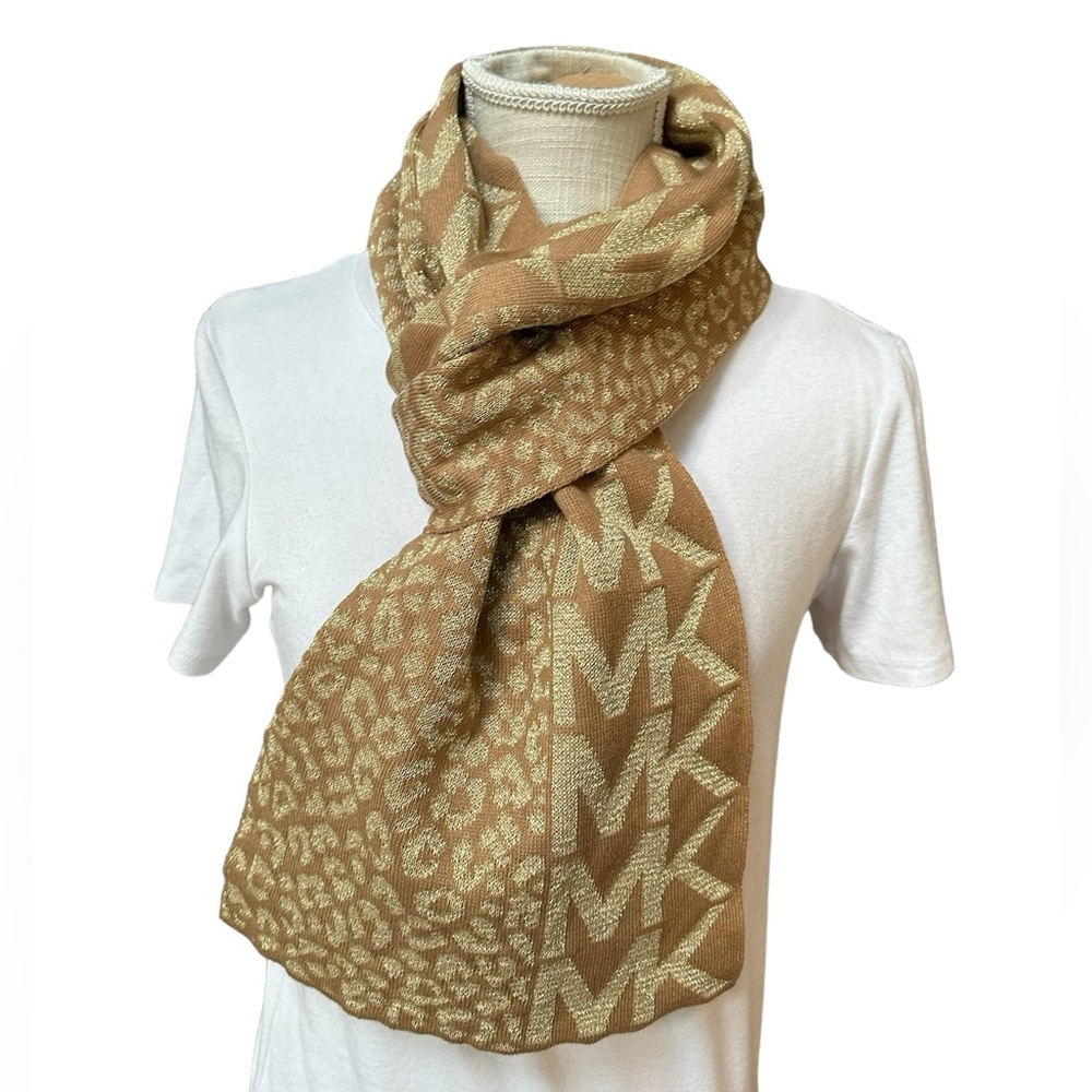 Michael Kors Womens Metallic Gold MK Monogram Print Scarf NWT